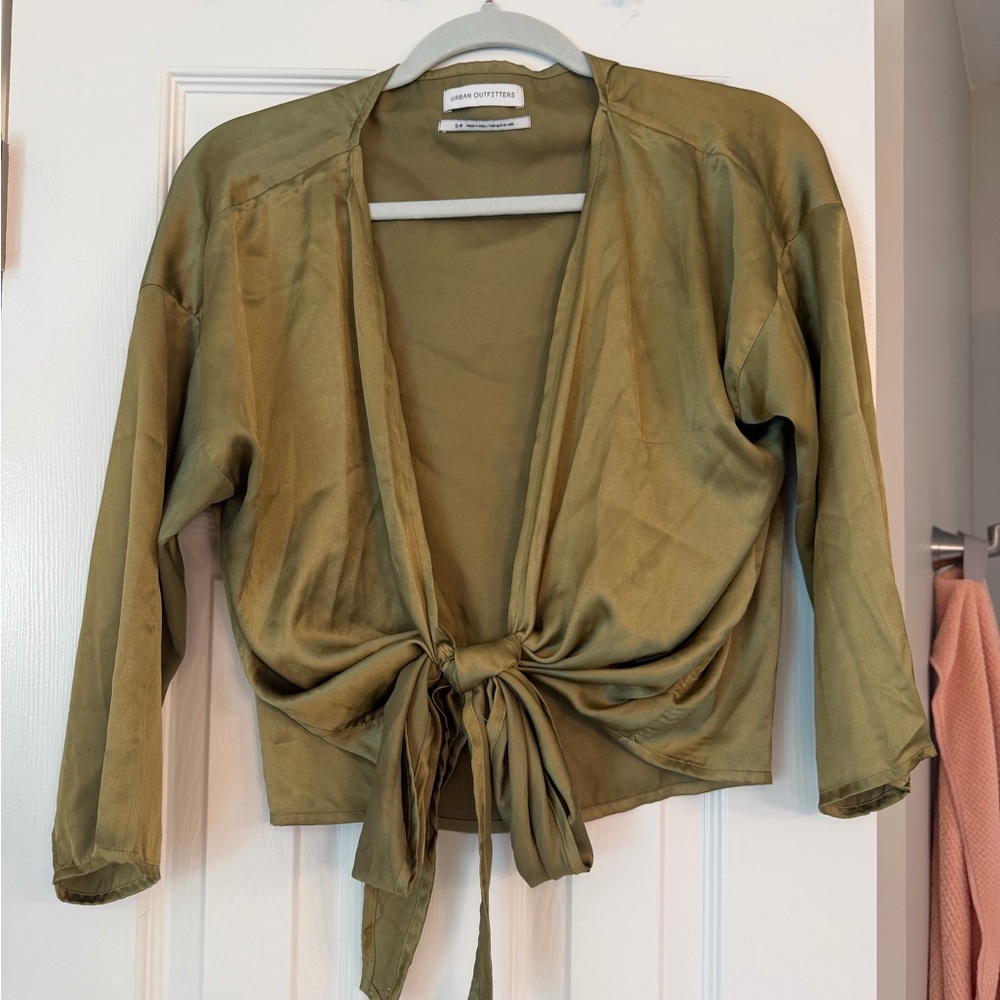 Urban Outfitters Olive Satin Front-Tie Blouse